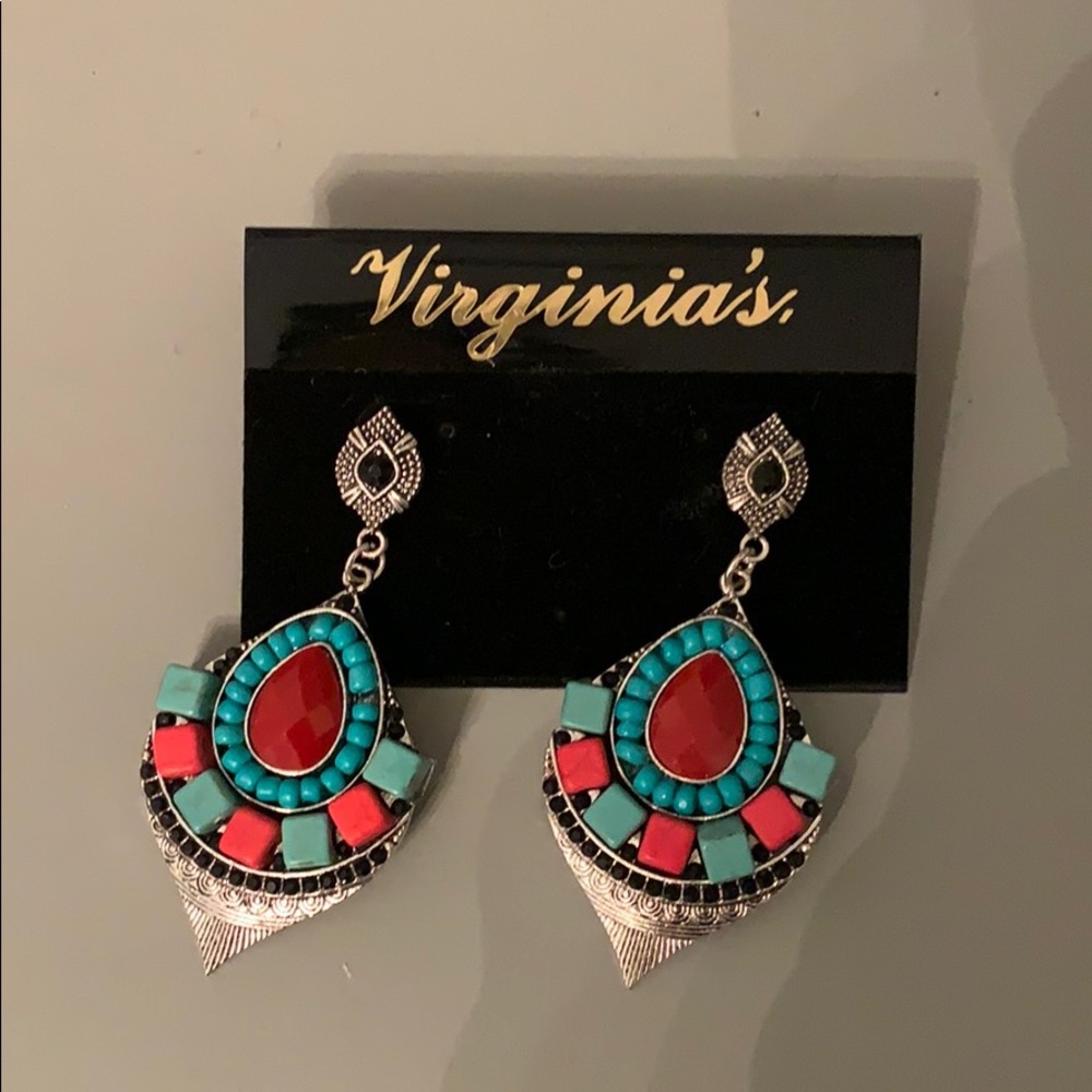 Silver, blue, and red dangle earrings